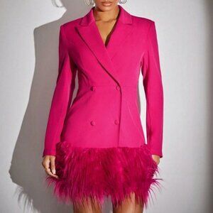 Glam Girl Womens Double Breasted Fauc fur Hem Blazer Dress Hot Pink